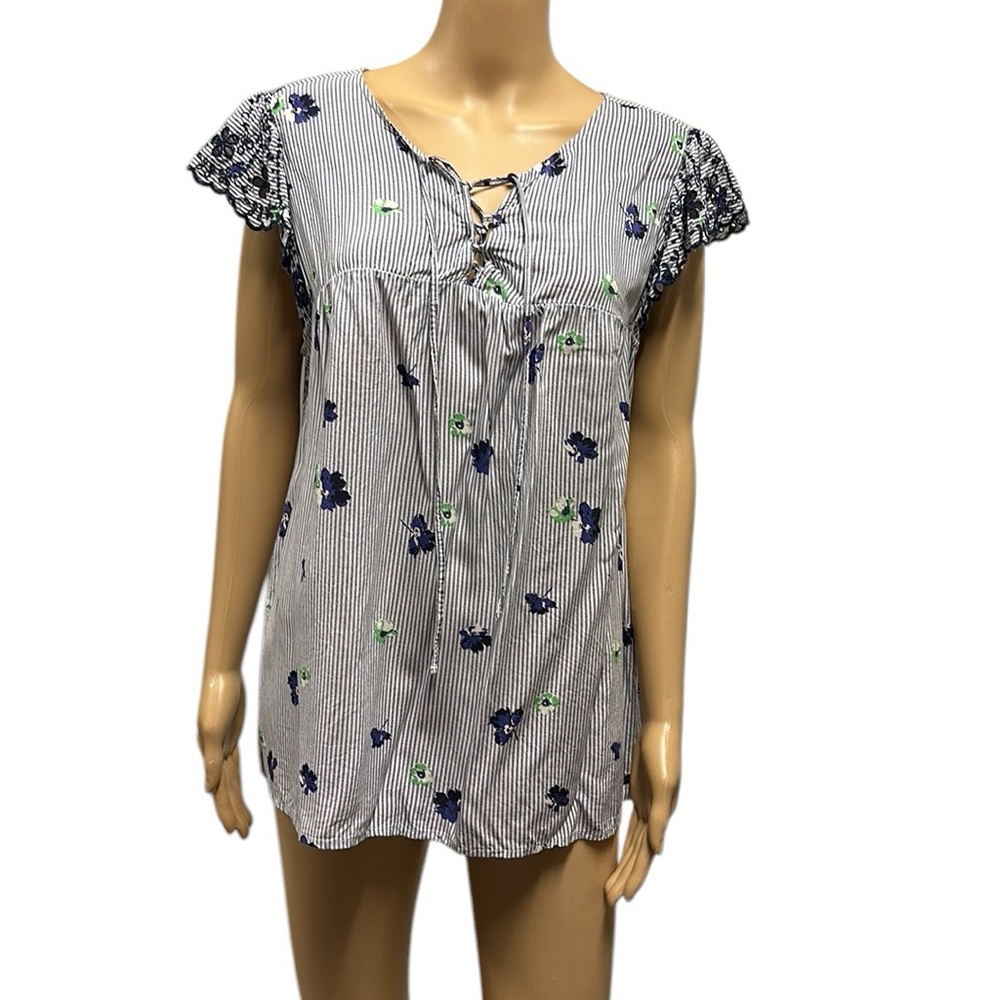 Old Navy Stripe Floral Ruffle Eyelet Cap Embroidered Sleeves Laced Neckline XL